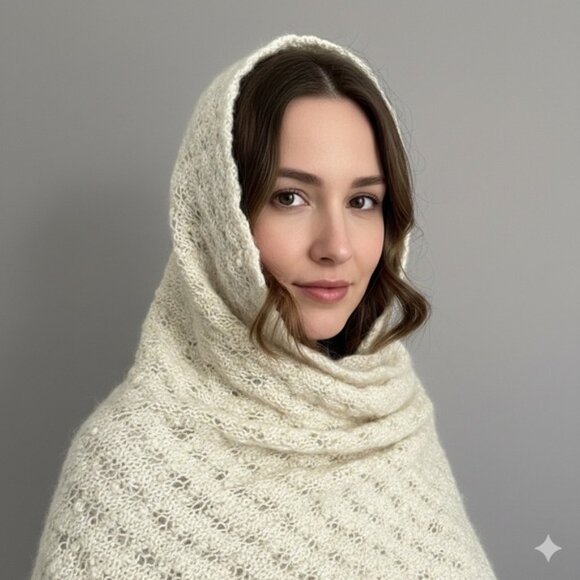 Ivory Hand Knit Blanket Scarf Shawl Stole Wrap - 72 x 20